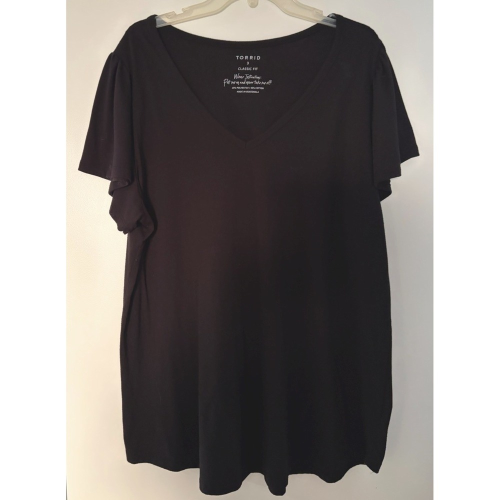 Torrid Black Slub Knit Jersey Girly Flutter Sleeve V Neck Top Comfy Fit Size 3X
